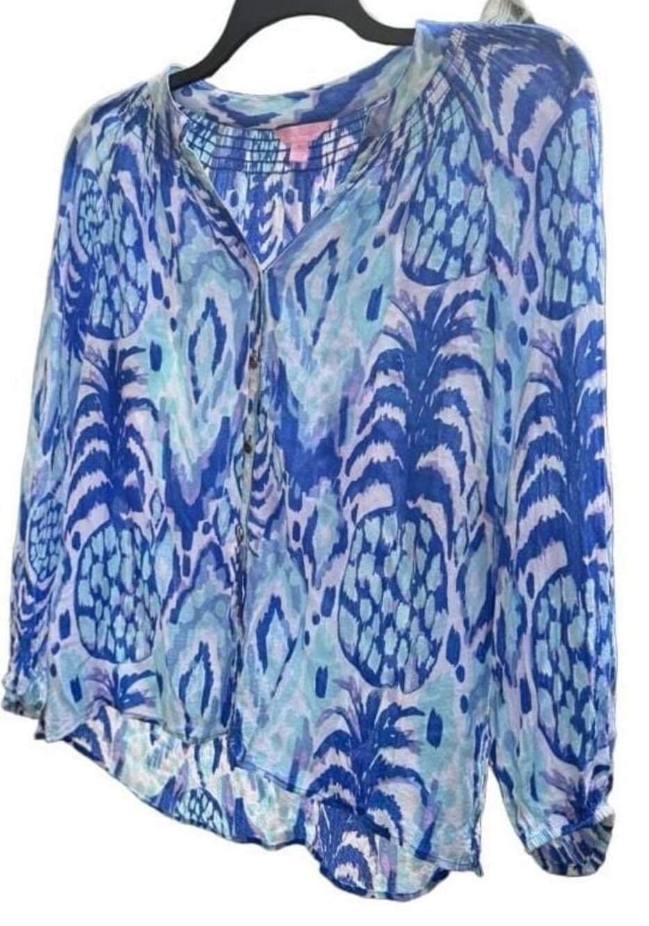 Lilly Pulitzer Tropi Call Me Print Women's Blue Pineapple Shirt Size M
